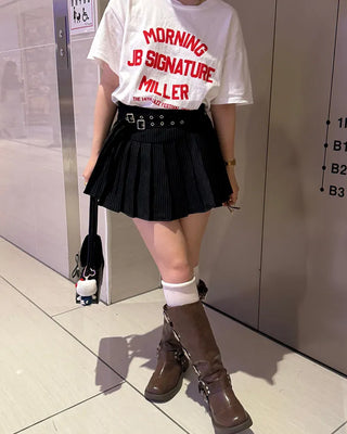 Double-belted pinstripe mini skirt