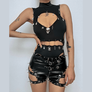 High neck rivet skull applique PU leather short pant set