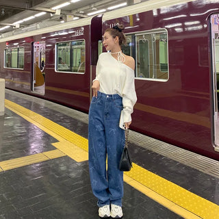 Ribbon Pattern Denim Pants