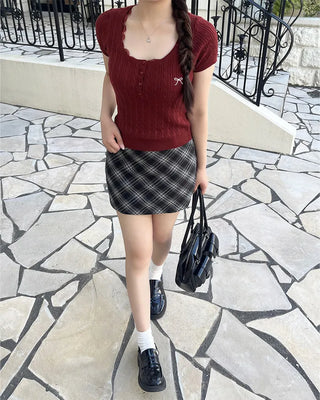 (Belt set) Checkered mini skirt