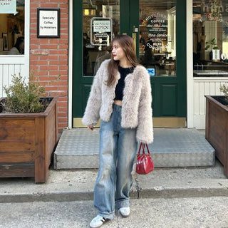 Round neck fur jacket