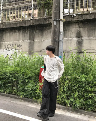 Striped button-up long-sleeved T-shirt