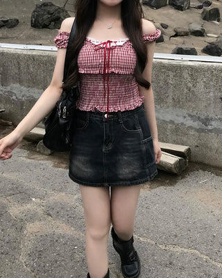 Checked ribbon top blouse