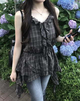 V-neck checkered ruffle camisole