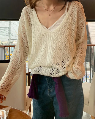 V-neck perforated knit
