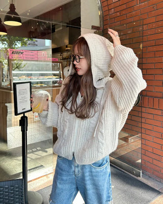 Hooded knit zip-up