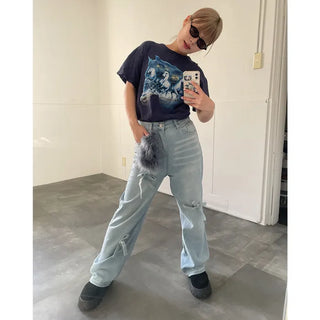 Ribbon denim pants
