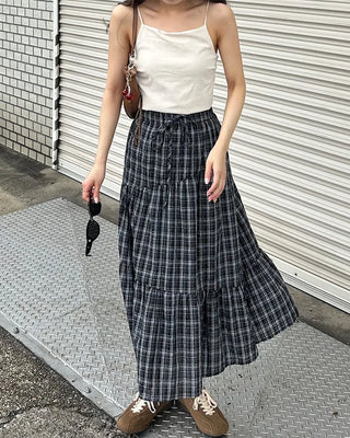 Checked frill long skirt
