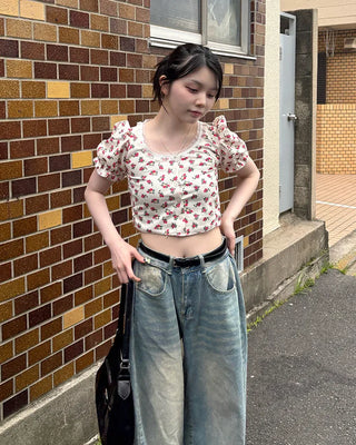 Flower Button Cropped T-Shirt