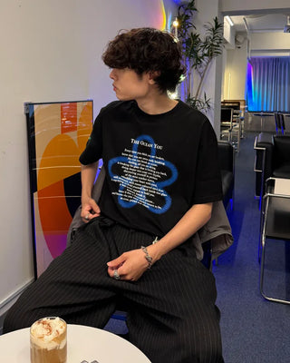 (Unisex) Spray Flower Lettering Long Half T-Shirt
