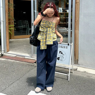 Checked Ribbon Shirt Tube Top