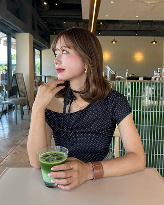 Boat neck polka dot ribbon blouse