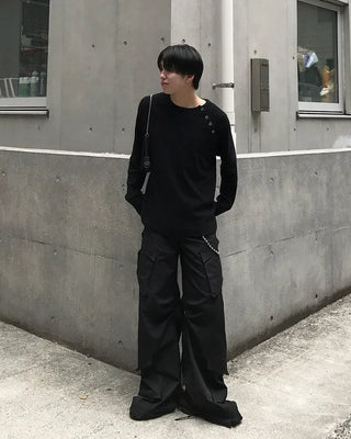 Side-button long-sleeved cut and sew
