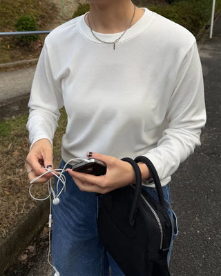 Simple brushed-back round neck long-sleeve T-shirt