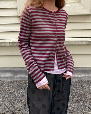 Round neck striped knit cardigan