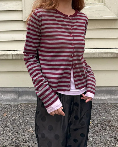 Round neck striped knit cardigan