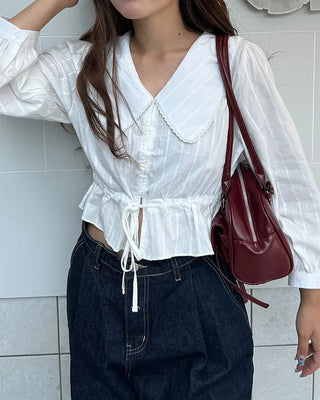Big collar shirred waist blouse