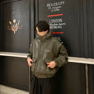 Leather hooded pocket jacket