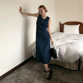 Back Shirred Open Denim Dress