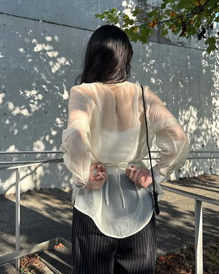 Collarless sheer blouse