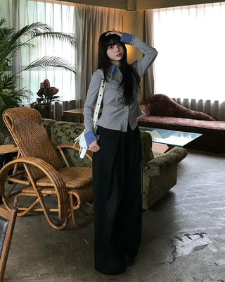Checkered shirt layered gathered cardigan