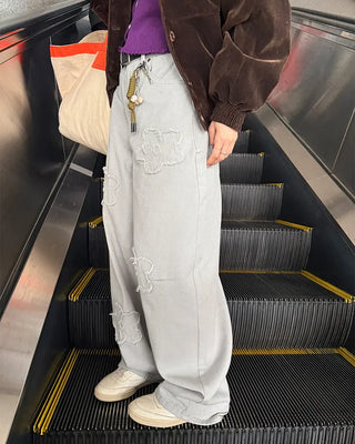 Flower embroidered wide-leg pants