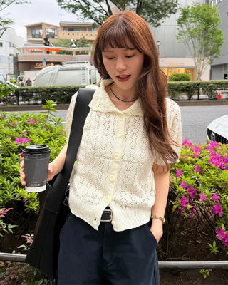 Perforated knit polo cardigan