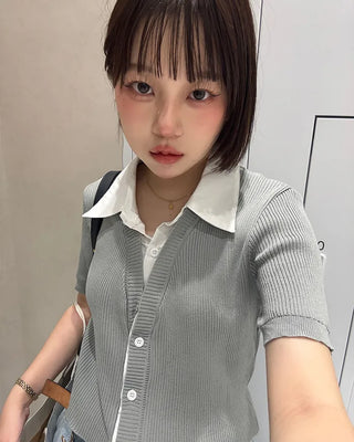 Shirt-style short-sleeved cardigan