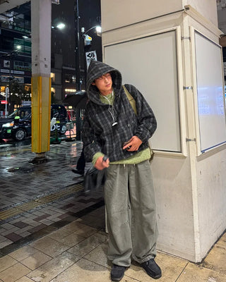 Checkered fleece knit hooded zip-up