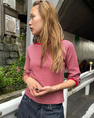 Border Slash Neck Cropped Sleeve T-Shirt