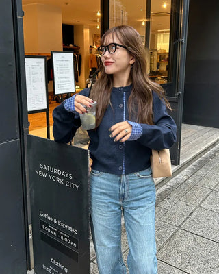 Checked two-tone knit cardigan