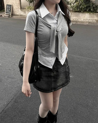 Shoulder Tie Shirt Layered T-Shirt