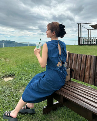 Back-slit denim long dress