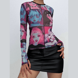 Crewneck long sleeve print mesh see-through top
