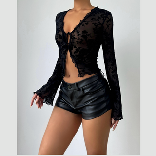 Long sleeve ruffle v neck print self tie top