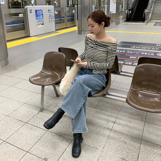 Striped button-down off-shoulder T-shirt
