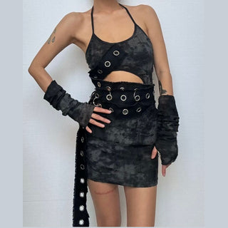 Textured o ring irregular halter backless gloves mini dress