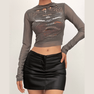 Long sleeve crewneck eagle print mesh top