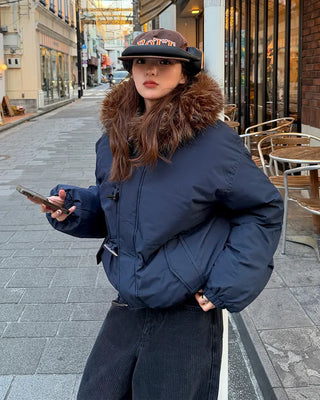 Button-up hooded fur padded jacket