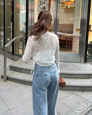 Side Shirring Lace Long Sleeve T-Shirt