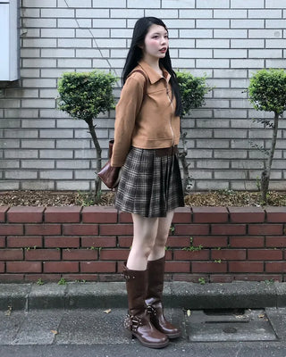 Square belt check pleated mini skirt