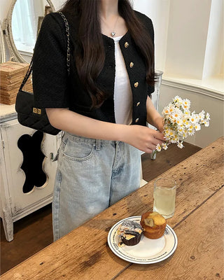 Heart gold button short-sleeved tweed jacket