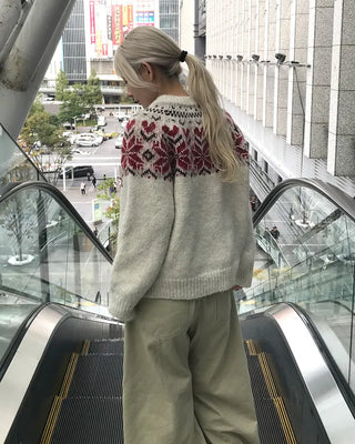 Colored Neck Nordic Knit Cardigan