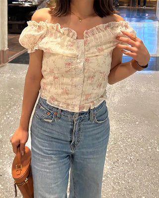 Frill puff sleeve short-sleeved blouse