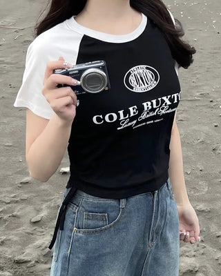 String lettering raglan short-sleeved T-shirt