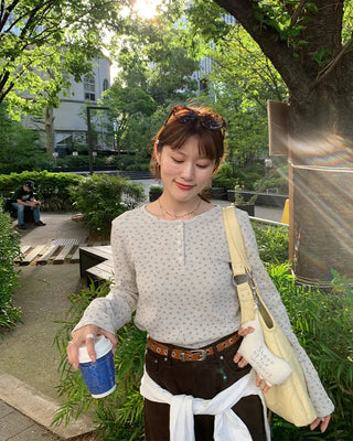 Flower Henley Neck Long T-Shirt