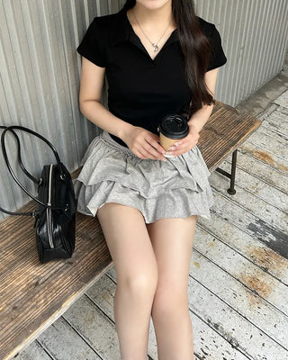 Open-collar shirred half-length T-shirt