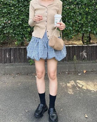 Belted check balloon mini skirt
