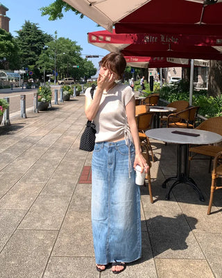 Washed long denim skirt