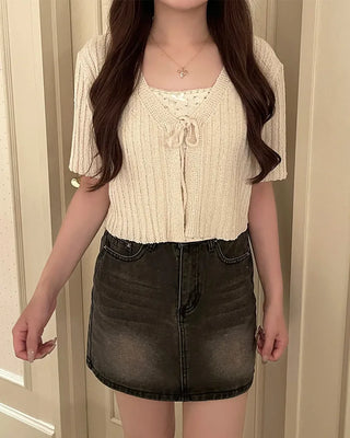 Ribbon Cropped Half-Sleeve Cardigan
